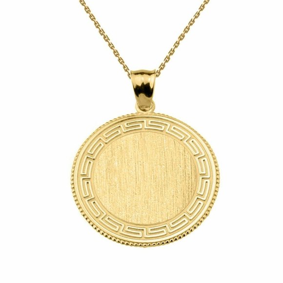 Solid 10k Gold Greek Key Engravable Round Pendant